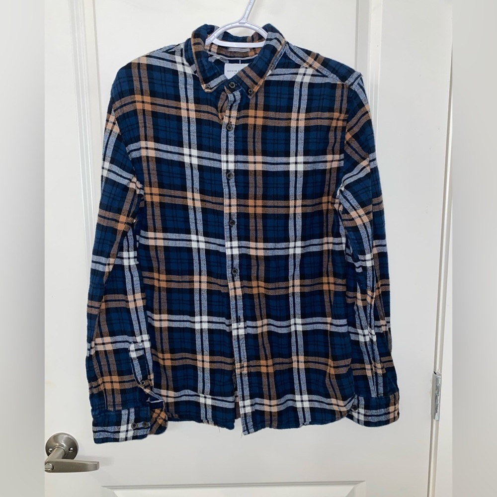 Men’s denim & flower Ricky Singh long sleeve button up polo - large